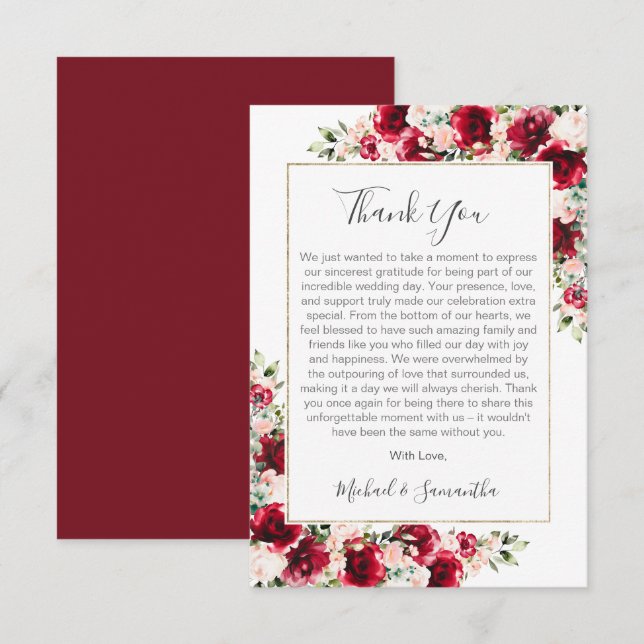 Carte De Remerciements Élégant Mariage Blush et Red Roses (Devant / Derrière)