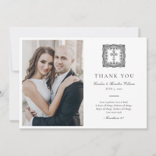 Carte De Remerciements Élégant Mariage chrétien Vintage noir et blanc
