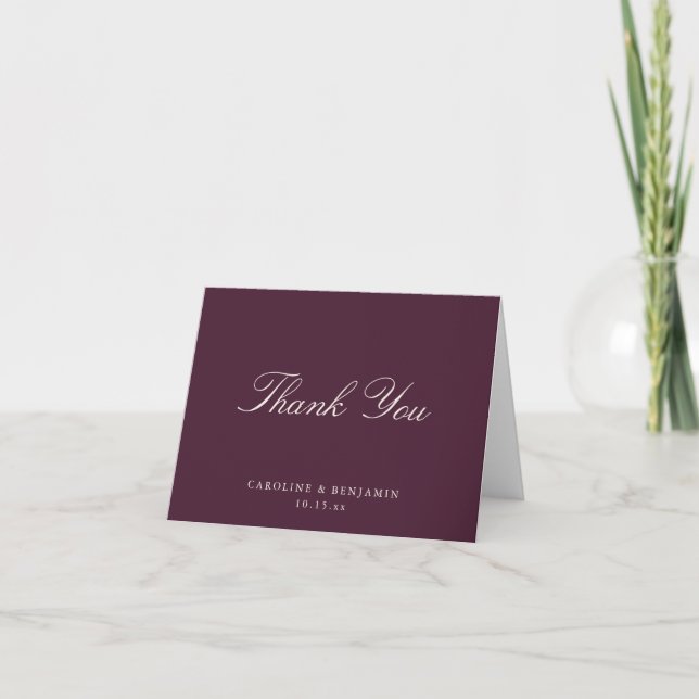 Carte De Remerciements Élégant Mariage Classique Écriture Dark Plum Plié (Devant)