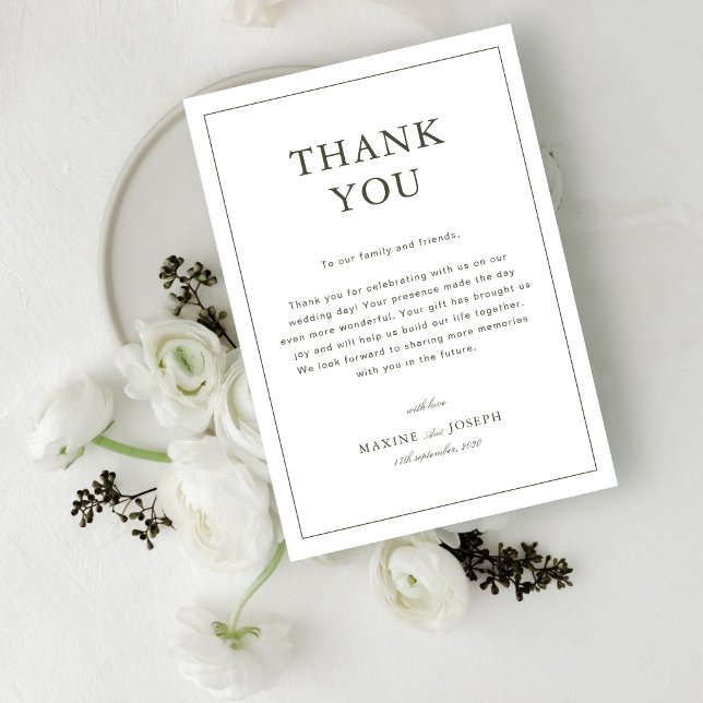 Carte De Remerciements Élégant Mariage Classique Écriture Verte Poussiére (Elegant dusty green thank you cards express heartfelt gratitude with classic style and charm.)