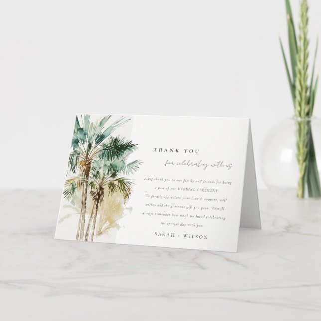 Carte De Remerciements Elégant Mariage d'aquarelle tropicale palmiers (Devant)
