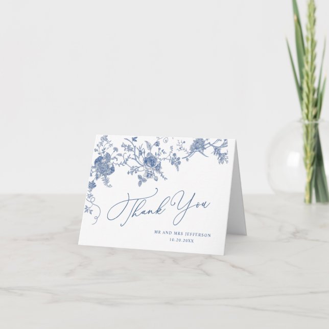 Carte De Remerciements Élégant Mariage de Floral Bleu Victorien Français (Devant)