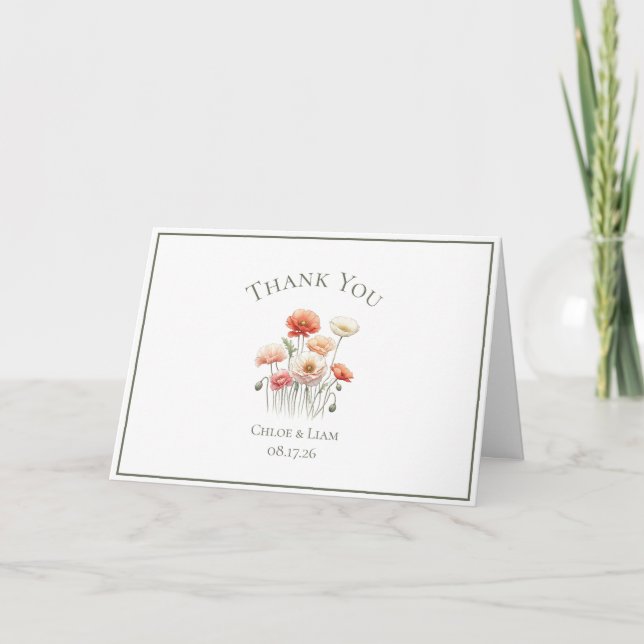 Carte De Remerciements Élégant Mariage de pavots (Devant)