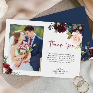 Carte De Remerciements Élégant Mariage de script floral de la marine bour