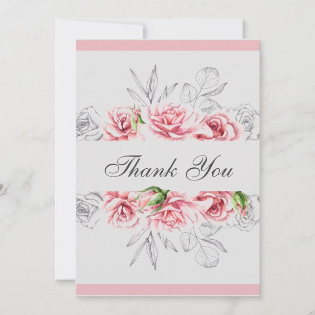 Carte De Remerciements Élégant Mariage de script floral gris rose (Devant)