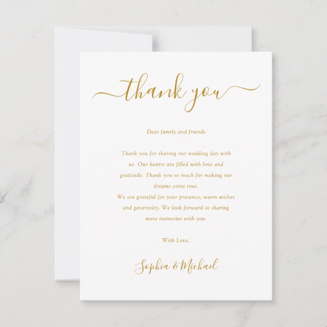 Carte De Remerciements Élégant Mariage de script Gold (Devant)
