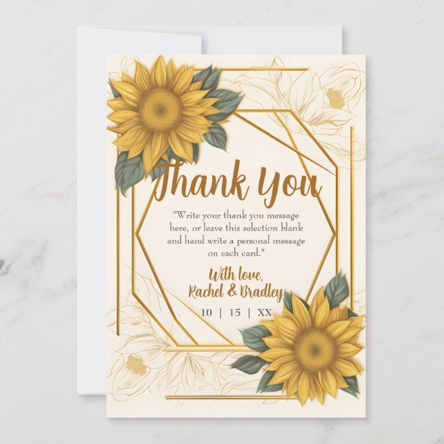 Carte De Remerciements Elégant Mariage de tournesol ligne de dessin Gold  (Devant)