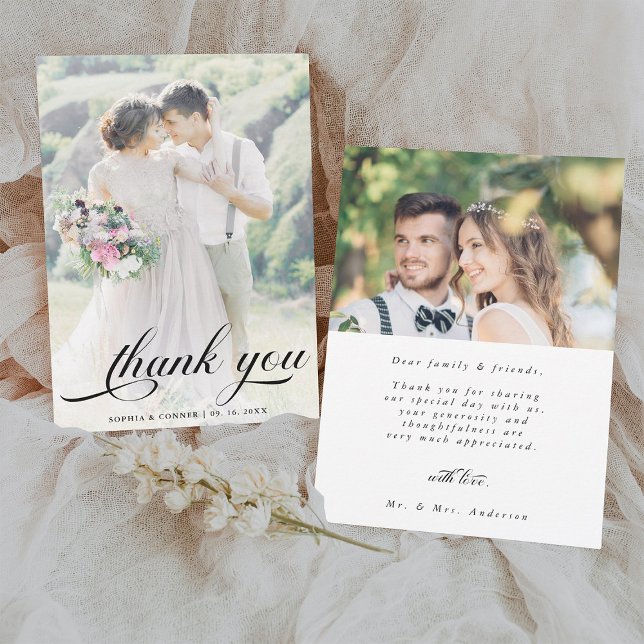 Carte De Remerciements Élégant Mariage Écriture Romantique 2 Photo (Front & Back)
