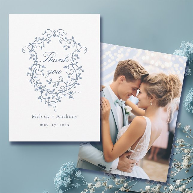 Carte De Remerciements Élégant Mariage Floral Bleu Français Photo (Front & Back)