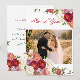 Carte De Remerciements Élégant mariage floral bordeaux et rose blush 
