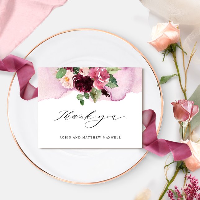 Carte De Remerciements Élégant Mariage floral de Bourgogne rose et bleu (Créateur téléchargé)