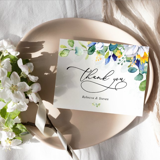 Carte De Remerciements Élégant mariage floral jaune blanc bleu (Créateur téléchargé)