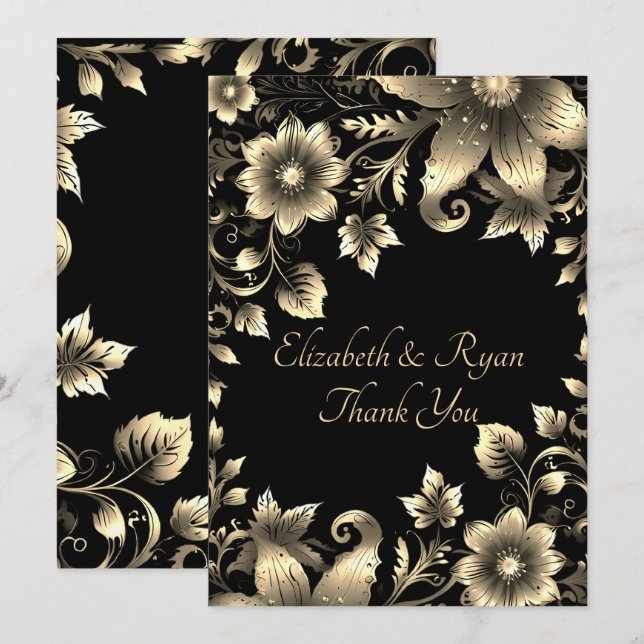 Carte De Remerciements Élégant Mariage floral noir et or (Devant / Derrière)
