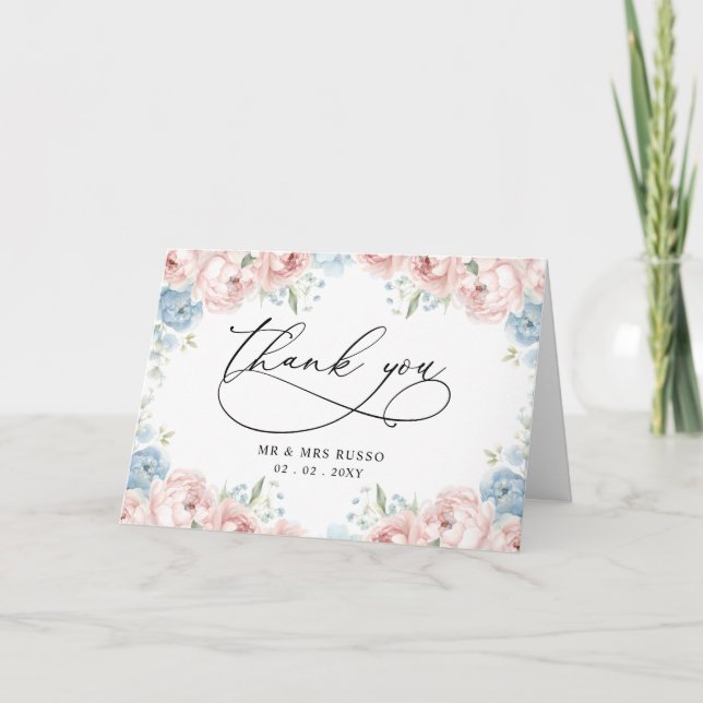Carte De Remerciements Élégant Mariage floral rose rose (Devant)