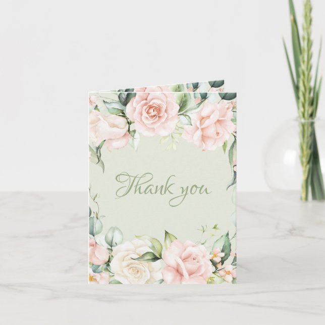 Carte De Remerciements Élégant Mariage floral rose vert Sage (Devant)