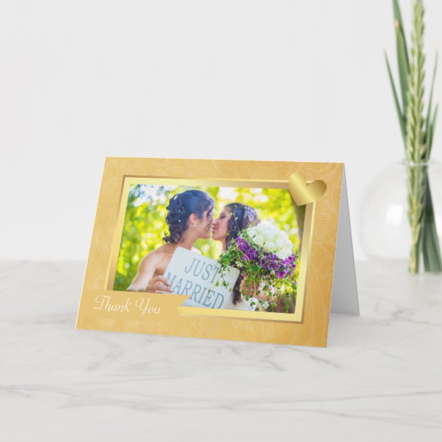 Carte De Remerciements Élégant Mariage Gay Lesbien Photo Remerciement Or (Devant)