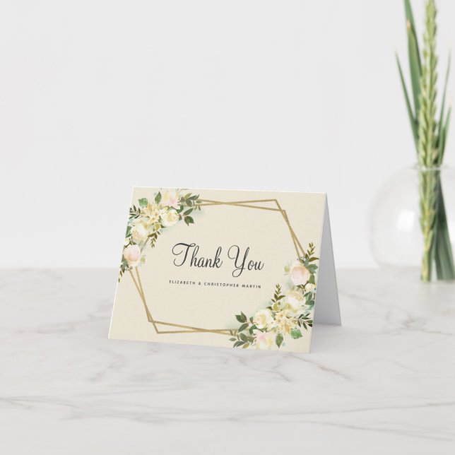 Carte De Remerciements Elégant mariage Gold Frame Rose Floral Aquarelle (Devant)