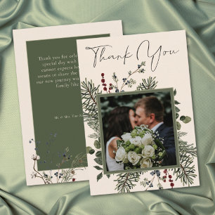 Carte De Remerciements Élégant Mariage Hiver Baies & Pin Ivoire