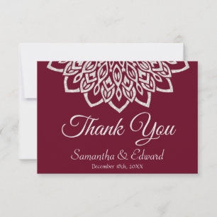Carte De Remerciements Élégant Mariage Mandala en argent de Bourgogne