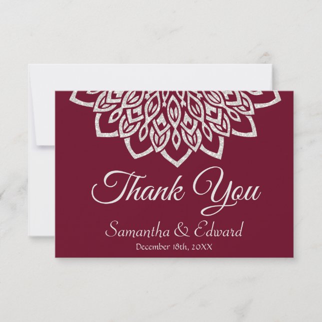 Carte De Remerciements Élégant Mariage Mandala en argent de Bourgogne (Devant)