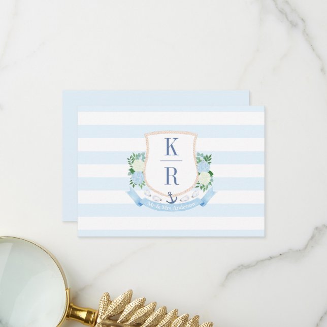 Carte De Remerciements Élégant Mariage Monogramme Côtier Bleu Et Blanc (Devant/Arrière en situation)