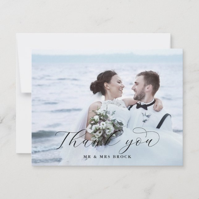 Carte De Remerciements Élégant Mariage photo de script léger (Devant)