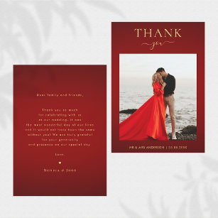 Carte De Remerciements Élégant Mariage photo minimaliste rouge foncé et o
