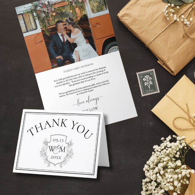 Carte De Remerciements Élégant Mariage photo Monogram (Elegant Monogram Photo Wedding Folded Thank You Card)