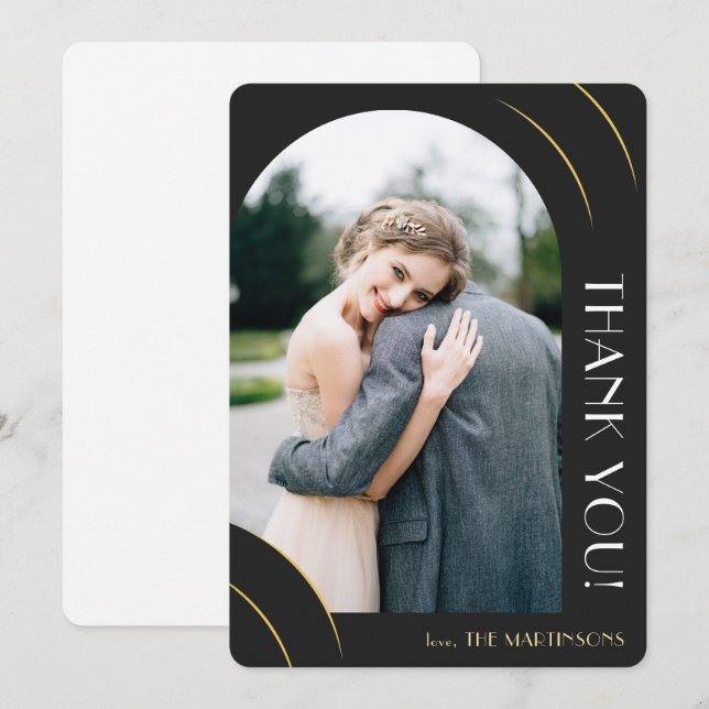 Carte De Remerciements Élégant Mariage photo noir et or (Devant / Derrière)