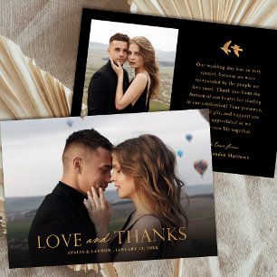 Carte De Remerciements Élégant Mariage photo noir et or   Oiseaux