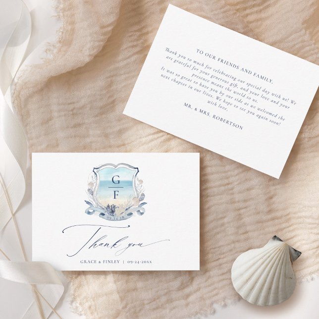 Carte De Remerciements Elégant mariage plage Monogram Crest (Créateur téléchargé)