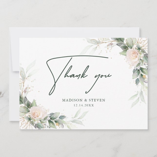 Carte De Remerciements Élégant Mariage rose or vert floral Eucalyptus (Devant)