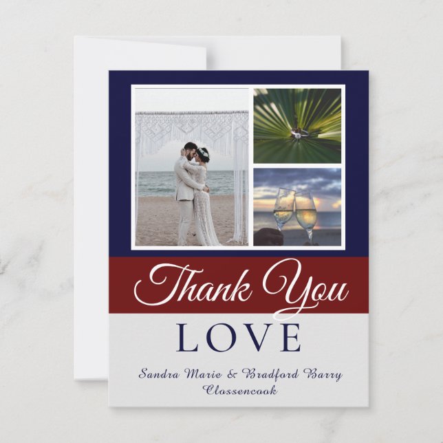 Carte De Remerciements Elégant Marine Blue Maroon Mariage Photo collage (Devant)