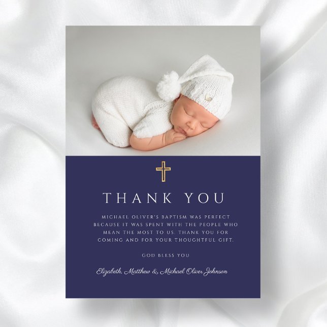 Carte De Remerciements Elégant Marine Croix Bleue Boy Baptism Photo (Elegant Navy Blue Cross Boy Baptism Photo Thank You Card)
