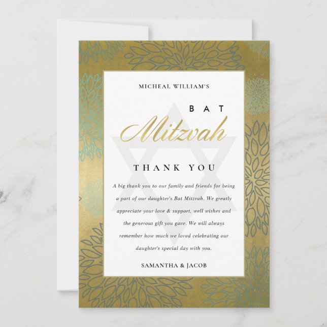 CARTE DE REMERCIEMENTS ELÉGANT MARINE GOLD DAHLIA BAT FLORAL BAR MITZVAH (Devant)