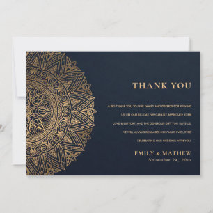 CARTE DE REMERCIEMENTS ELÉGANT MARINE OR CLASSIQUE ORNATE MANDALA MARIAGE