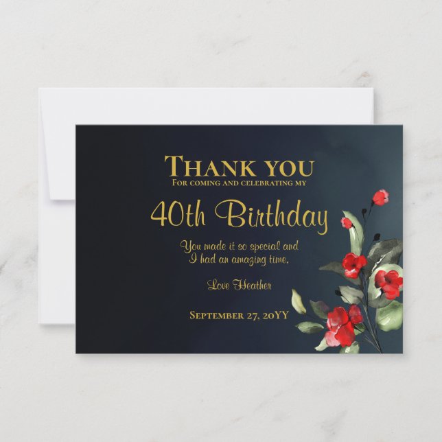 Carte De Remerciements Elégant Midnight Blue Gold Floral 40e anniversaire (Devant)