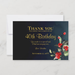 Carte De Remerciements Elégant Midnight Blue Gold Floral 40e anniversaire