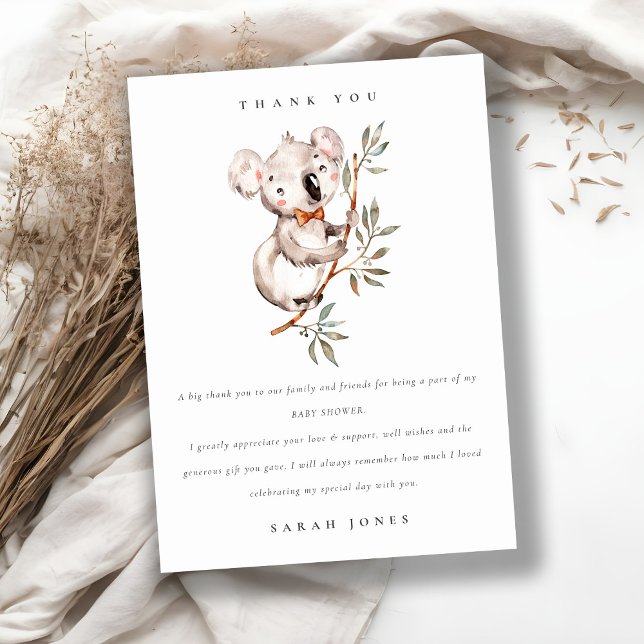 Carte De Remerciements Élégant Mignon Douillet Koala Feuillage Anniversai (Créateur téléchargé)
