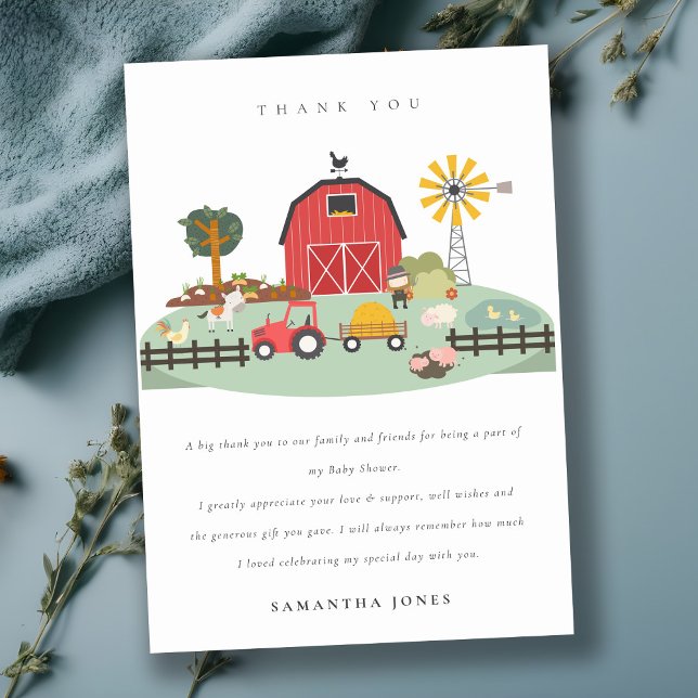 Carte De Remerciements Élégant Mignon Rouge Ferme Animaux Bébé Shower (Créateur téléchargé)