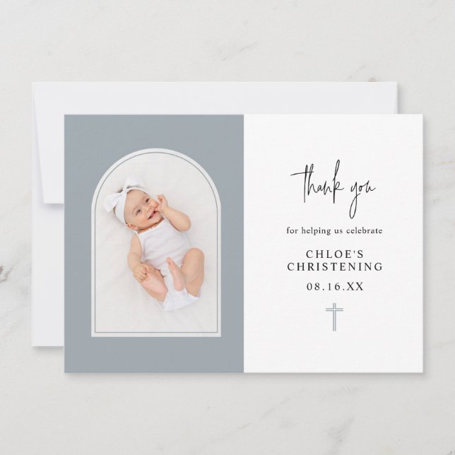 Carte De Remerciements Élégant minimal Bleu Dusty Arch Photo Christening  (Devant)