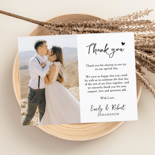 Carte De Remerciements Élégant moderne Mariage photo de script de coeur (Créateur téléchargé)