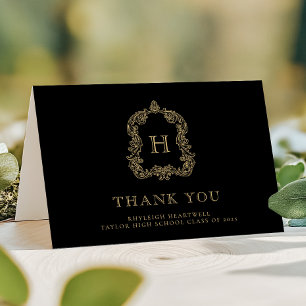 Carte De Remerciements Élégant Monogram Crest Black Gold Graduation