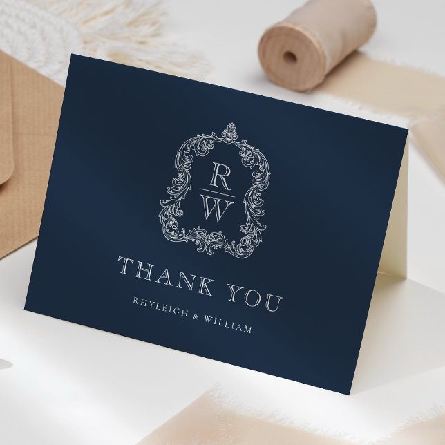 Carte De Remerciements Élégant Monogram Crest Marine Mariage bleu (Créateur téléchargé)