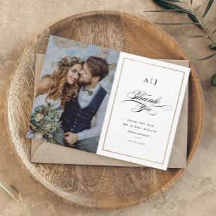 Carte De Remerciements Élégant Monogram Gold Photo Mariage