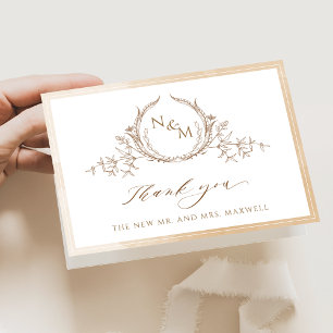 Carte De Remerciements Élégant Monogramme Beige, Mariage Aquarelle
