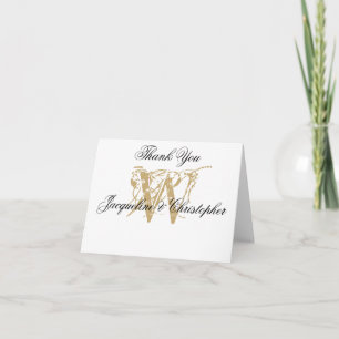 Carte De Remerciements Élégant Monogramme Blanc Or Blank Mariage plié