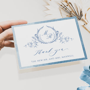 Carte De Remerciements Élégant Monogramme bleu classique, Mariage aquarel