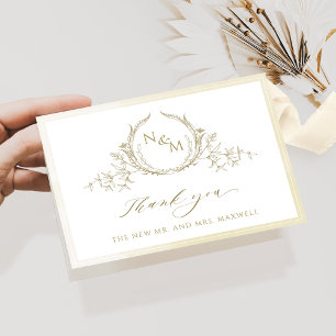 Carte De Remerciements Élégant Monogramme Champagne, Mariage Aquarelle
