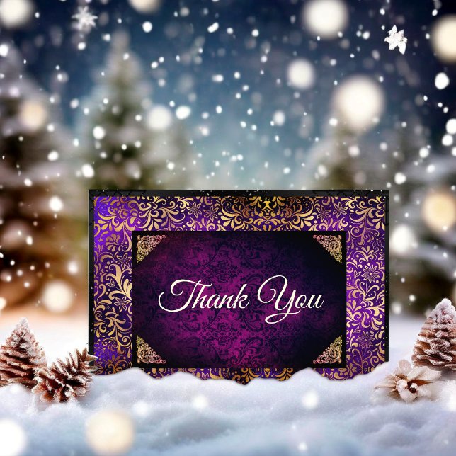 Carte De Remerciements Élégant monogramme de damas floral or violet (Créateur téléchargé)